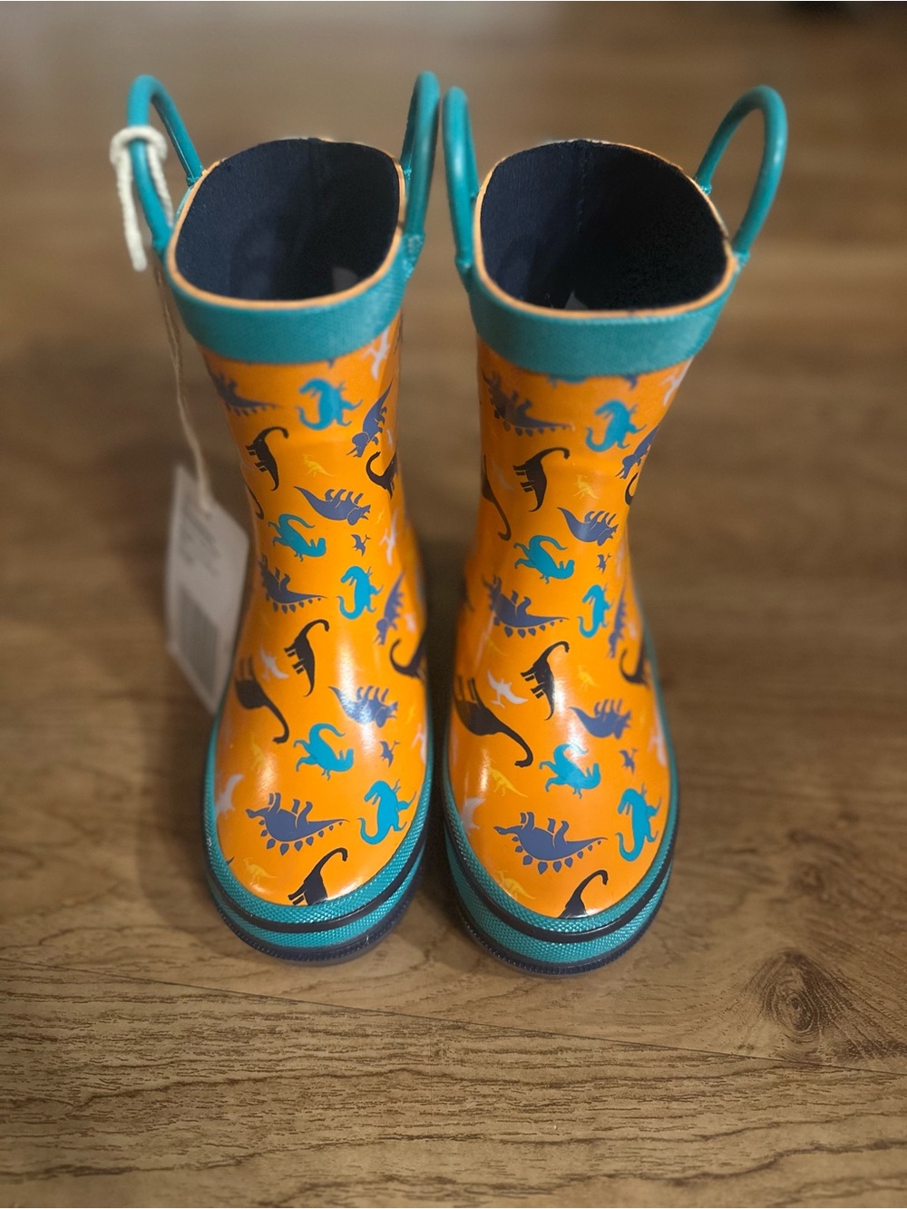 Kids' Orange Dinosaur Rain Boots with Teal Trim